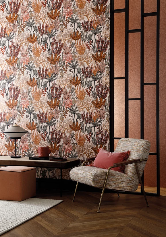 Photo of the fabric Posidonie Wp 7470 7470 0304 in situ by Casamance. Use for Wall Covering. Style of Floral And Botannical