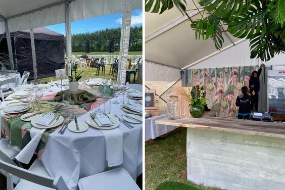 Mokum La Palma on tables and backwall | Mokum Obi Stonewash on tables